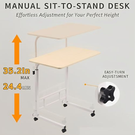 Japard Small Desk on Wheels, Mobile TV Tray Table Rolling Desk for Bed Sofa, Adjustable Height 23.6" Wide C-Shape Loadable 66lbs (White, 66 lbs Loadable) Japard