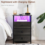 AMHANCIBLE Night Stand Set 2, LED Nightstand with Charging Station, End Side Tables with USB Port & Outlet, Bedside Table with Fabric Drawers for Bedroom Living Room, Dark Grey, HET053LDG AMHANCIBLE