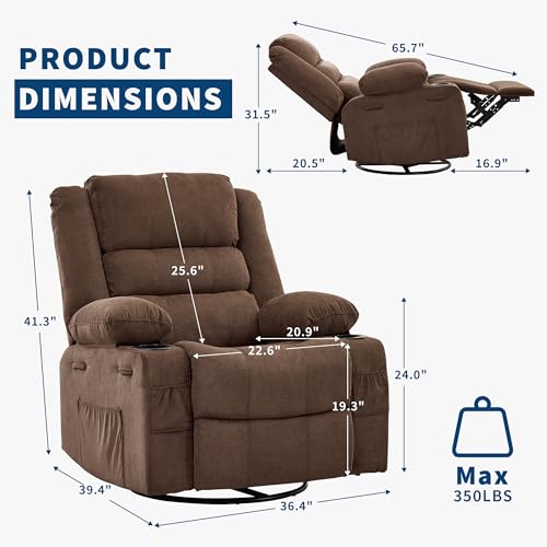 Rocking Recliner Chair for Adults Wide 360° Swivel Rocker Recliner with Cup Holder Nursery Glider with Upholstered Deep Seat Linen Lazy boy Chair for Living Room Browm