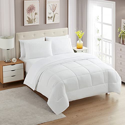 Sweet Home Collection 5 Piece Comforter Set Bag Solid Color All Season Soft Down Alternative Blanket & Luxurious Microfiber Bed Sheets, White, Twin Sweet Home Collection