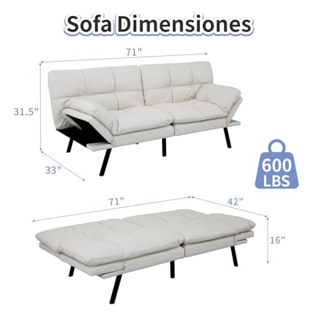 MUUEGM Futon Sofa Bed Memory Foam White Futons Modern Office Couch Sleeper Bed Convertible Love seat Sofa for Small Spaces,Apartment,Office with Adjustable Armrest Backrest MUUEGM