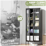 Crownland Metal Storage Cabinet with Glass Doors, Display Curio Glass Cabinet with 4 Adjustable Shelves, Tall Modern Office Storage Cabinet for Bedrooms, Living Room, Pantry(Black) Crownland