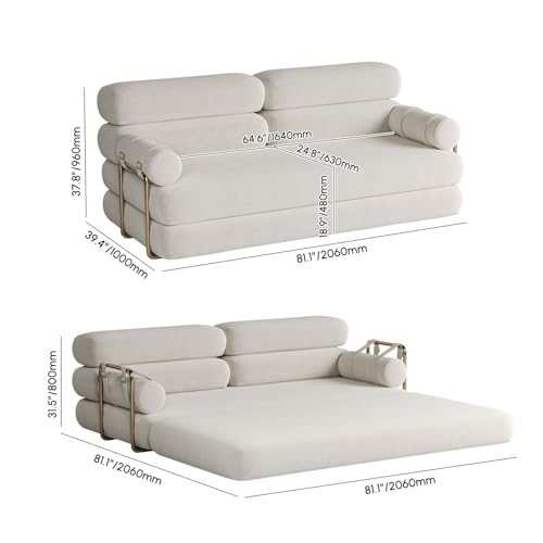 homary Velvet Futon Sofa Bed, 81" Convertible Sleeper Couch with Detachable Bolster Pillows, Stainless Steel Legs, Modern 3-Seater Sofa for Living Room, Apartment & Small Spaces (White) homary