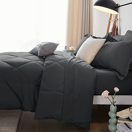 CozyLux Full Size Comforter Sets Dark Grey - 7 Pieces Bed in a Bag Full, Luxury Soft Bed Set for All Seasons, Bedding Set with Down Alternative Comforter, Sheets, Pillowcases & Shams CozyLux