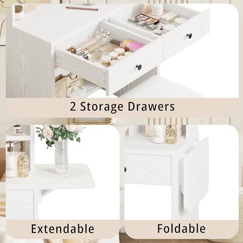 IRONCK Vanity Desk with Mirror and LED Lights, Jewelry Cabinet, Makeup Dressing Table Set with Drawers, Storage Shelves, for Bedroom, 65.3 H White IRONCK
