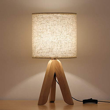 HAITRAL Small Bedside Table Lamp - Wooden Tripod Nightstand Lamp for Bedroom, Living Room, Office, Home with Fabric Linen Shade - 13.4 Inches (Without Bulb) HAITRAL
