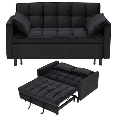 3 in 1 Convertible Sleeper Sofa Bed, Velvet Loveseat Futon Pull-Out Couch with Adjustable Reclining Backrest, Side Pockets and Pillows for Living Room, Bedroom, Apartment, Small Spaces (Black-Velvet) Ehsovlnut