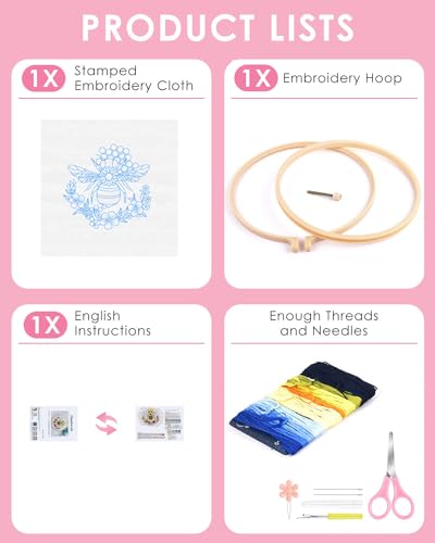 TINDTOP Embroidery Kit for Beginners Adult, Honeybee Embroidery Kit for Beginners Include Embroidery Cloth Hoops Threads for Craft Lover Hand Stitch with Embroidery Skill Techniques (Honeybee) TINDTOP