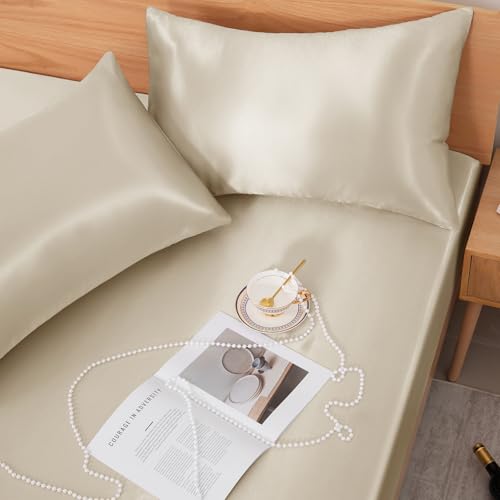 NSGZ 3 Pcs Satin Fitted Sheet and Pillowcase Set, King Silky Bottom Bedsheet Fit up to 15 Inch Deep Pocket Mattress, Taupe Soft Satin Bedding Includes 1 Fitted Sheet and 2 Pillowcases NSGZ