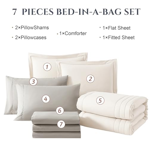 Monbix King Size Comforter Set - 7 Pieces Bed in a Bag King, Snow White Bedding Sets with Comforter, All Seasons Comforter Bed Set with Sheets, Pillowcases & Shams Monbix