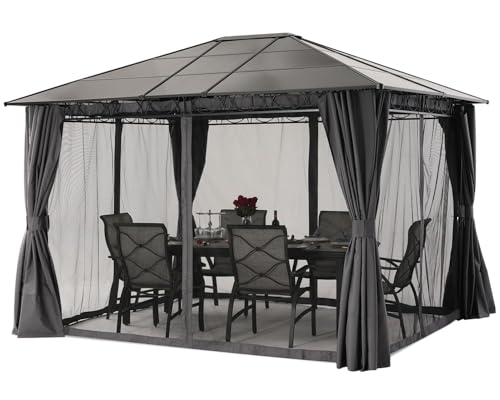 ABCCANOPY Hardtop Gazebo 10x12 - Outdoor Polycarbonate Hard Top Roof Gazebo with Curtains and Netting for Patios, Deck, Backyard and Garden (Dark Gray) - WoodArtSupply