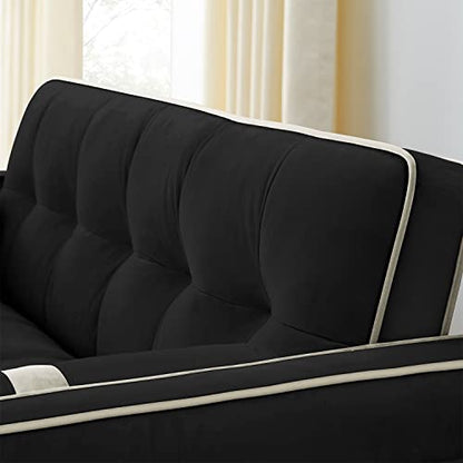 3 in 1 Sleeper Sofa Couch Bed, Small Tufted Velvet Convertible Loveseat Futon Sofa w/Pullout Bed, Adjustable Backrest, Cylinder Pillows for Living Room Apartment, Easy to Assemble, Black, 55.5"