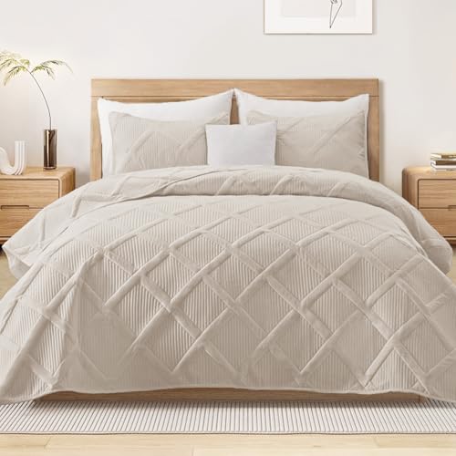 Exclusivo Mezcla Quilts Queen Size - Brich Beige Quilt Set Bedspread with 2 Pillow Shams, Modern Bedding Set with Striped Pattern, Soft Lightweight Bedspreads Queen Size for All Seasons Exclusivo Mezcla