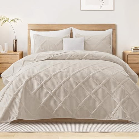 Exclusivo Mezcla Quilts Queen Size - Brich Beige Quilt Set Bedspread with 2 Pillow Shams, Modern Bedding Set with Striped Pattern, Soft Lightweight Bedspreads Queen Size for All Seasons Exclusivo Mezcla