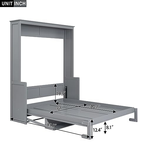 URTR Queen Size Murphy Bed with a Shelf, Easy Fold Wood Wall Bed, Space-Saving Murphy Bed Cabinet for Guest Room Home Office,Grey URTR