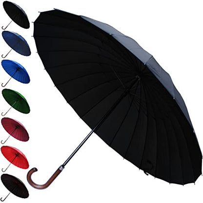 COLLAR AND CUFFS LONDON - 24 Ribs for SUPER-STRENGTH - Windproof 60MPH EXTRA STRONG Umbrella - 3 Layer Reinforced Frame With Fiberglass - Wooden Hook Handle - Solid Wood - Automatic - Black Canopy
