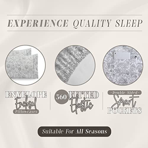 Elegant Comfort Amelia Paisley Printed 6-Piece Sheet Set, Deep Pocket 1500 Thread Count, Fade, Stain, and Wrinkle Resistant, Fitted Sheets with Smart Pockets, Paisley Sheet Set, King, Ash Gray Elegant Comfort
