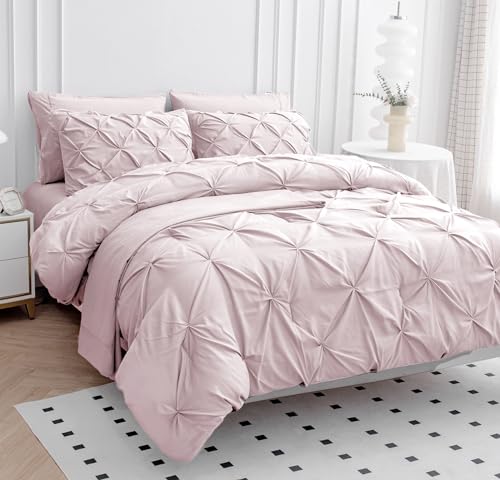 LANE LINEN Pink Full Comforter Set – 7 Piece - Pintuck Bed in a Bag - All-Season Full-Size Bedding with Comforter, Sheets, Pillowcases & Sham - Comfy, Perfect for College Dorms – Sepia Rose LANE LINEN