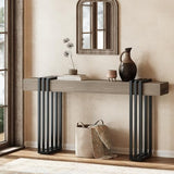 Curlaky 63" Long Console Table for Entryway - Behind Couch Table for Living Room, Wood Sofa Tables with Black Parallel Metal Frame & Power Outlet for Hallway, Entrance, Narrow Foyer, Light Walnut Curlaky
