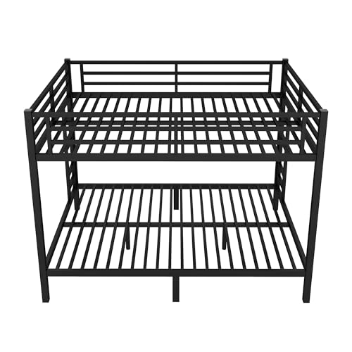 Bellemave Metal Bunk Bed Queen Over Queen with Ladder ＆ Full-Length Guardrails, Heavy Duty Bunk Bed Frame with Sturdy Slats, Queen Over Queen Bunk Beds, Noise Free, No Box Spring Needed, Black Bellemave