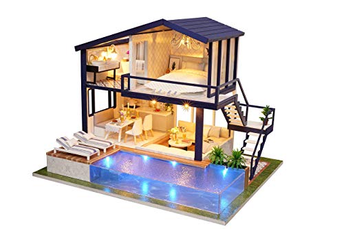 CUTEROOM Miniature House Kit, DIY Dollhouse Kit for Adults to Build, Mini House Making Kit with Furnitures, Time Apartment Dollhouse Kit with Swimming Pool Gifts for Women