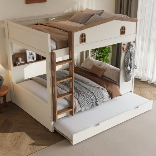Bellemave Queen Over Queen Bunk Bed with Trundle & Hooks, Wooden Floor Bunk Beds Frame with Storage Shelves & Ladder for Kids Teens, Beige+Natural Bellemave