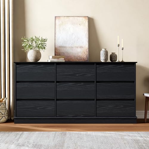 GarveeHome 9 Drawer Dressers for Bedroom, Chest of Drawers with Deep Drawers, Large Double Dresser for Closet with Wide Top, Horizontal Wooden Dresser for Living Room, Hallway, Kids Room, Black GarveeHome