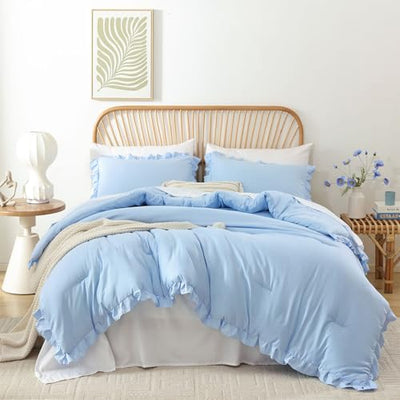 JANZAA Ruffle Light Blue Comforter Set Full Size Comforter 3PCS 1 Emerald Comforter and 2 Pillowcases Vintage Farmhouse Shabby Chic Bedding Soft Fluffy Comforter Set All Season (Light Blue, Full)