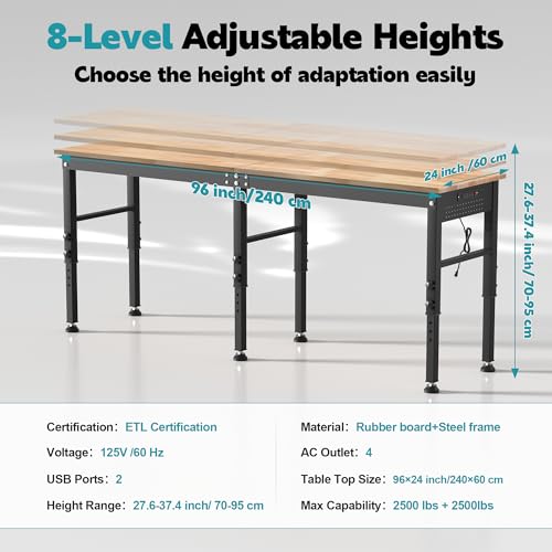 96'' Adjustable Workbench, 2500 LBS Load Capacity Heavy Duty Workstation with Power Outlets & Pegboard, Rubber Wood Top Worktable for Garage, Office,Workshop, Commercial Antifir