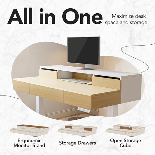 HUANUO Standing Desk with Drawers, 48 Inches Electric Height Adjustable Desk with Storage, Whole-Piece Board Sit Stand Up Desk with Monitor Shelf, Light Walnut HUANUO