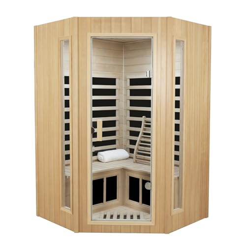 LTCCDSS 2-3 Person Infrared Sauna, Far Infrared Saunas for Home Low EMF Indoor Home Sauna Spa with Tempered Glass Door, Hemlock Wooden Corner Sauna Room,1670W/120V, Bluetooth Speaker, 2 Reading Lamps LTCCDSS