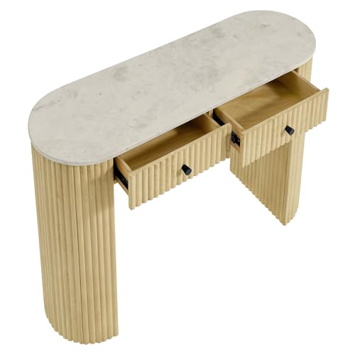 Modway Caldera 42-Inch Curved Solid Wood Fluted Console Table in Natural with Oval Marble Top – Narrow Entryway Table with 2 Drawers Modway