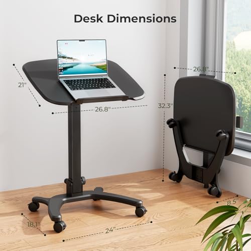 JYLH JOYSEEKER Foldable Mobile Standing Desk, 27"×21" Portable Rolling Laptop Cart with 90° Tiltable Board, Height Adjustable Mobile Desk Workstation with Wheels, Folding Table for Home Office, Black JYLH JOYSEEKER