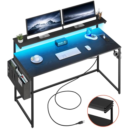 Yoobure Computer Desk with Power Outlets Fast Charging Type-C Included, Gaming Desk with LED Lights, 47" Office Desk with Adjustable Monitor Stand, Small Desk Home Office Desks with Storage Bag & Hook