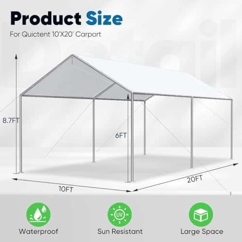 Quictent 10x20 ft Heavy Duty Car Canopy Galvanized Frame Carport Outdoor Party Tent Boat Shelter with 3 Reinforced Steel Cables - White Quictent