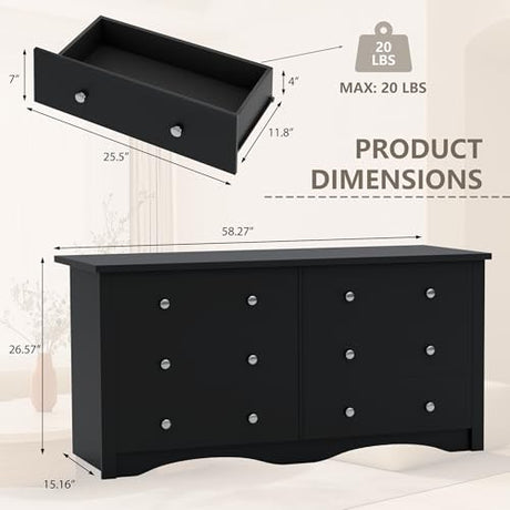 Shahoo Wood Dresser for Bedroom, Wide Chest of Drawers with 6 Drawers,Storage Tower Unit, Modern Closet Store Organizer for Living Room, Hallway (Black) Shahoo