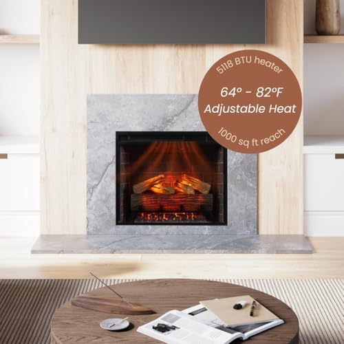 Modern Ember Uptown 23" Smart Electric Fireplace Insert, Alexa/WiFi Enabled - Includes Remote, 1,000 Sq Ft Electric Heater with Realistic Ember Bed & Log Set, Brick Background Modern Ember