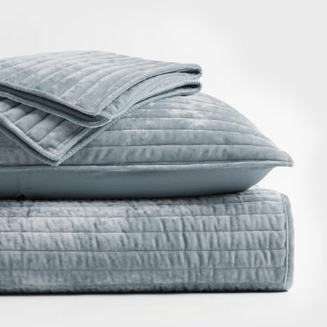 EVERGRACE Velvet Quilt Set King Size, Luxurious Soft Striped Channel Bedding Set, Lightweight Velvet Comforter for All Season, Oversized Bedspread Coverlet with 2 Matching Shams, Blue Linen EVERGRACEHOME