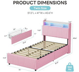 LIKIMIO Twin Bed Frame with 2 Storage Drawers, Charging Station & LED Lights, Upholstered Platform Twin Bed with Storage Headboard, Strong Wooden Slats, No Box Spring Needed, Easy Assembly, Pink LIKIMIO