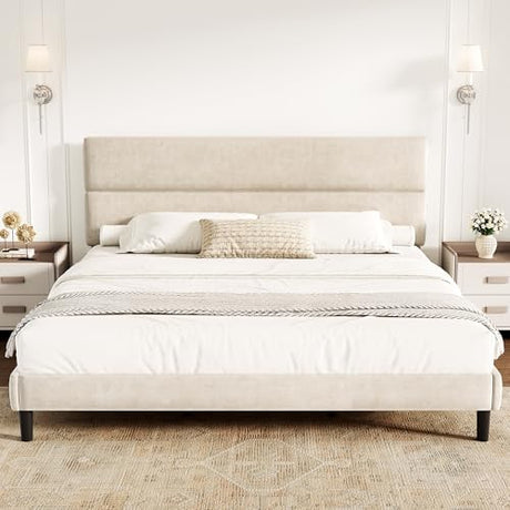 GRUSIGN King Size Platform Bed Frame with Velvet Headboard, Adjustable Height Wooden Slats Support, Upholstered Mattress Foundation, Fits Mattress or Mattress with Box Spring, Easy Assembly, Beige GRUSIGN