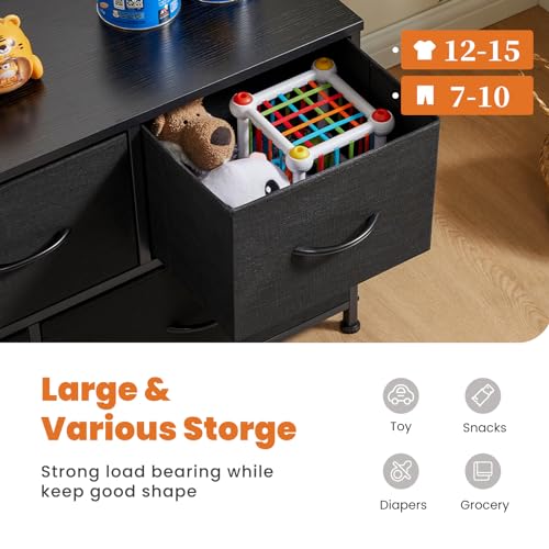 Sweetcrispy Dresser for Bedroom with 5 Storage Drawers, Fabric Storage Tower Organizer, Chest of Drawers with Metal Frame Wooden Top for Closet, Living Room, Entryway, Black Sweetcrispy