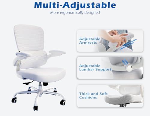 TRALT Ergonomic Office Chair - Desk Chair with Adjustable Lumbar Support Computer Chair - Mesh Comfy Chair with Flip-up Armrests - Gaming Chairs for Adults Home Office (Leather, White) TRALT