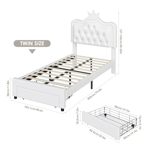 Keyluv Twin Upholstered LED Storage Bed Frame with Adjustable Crystal Crown Headboard in White - WoodArtSupply