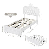 Keyluv Twin Upholstered LED Storage Bed Frame with Adjustable Crystal Crown Headboard in White Keyluv