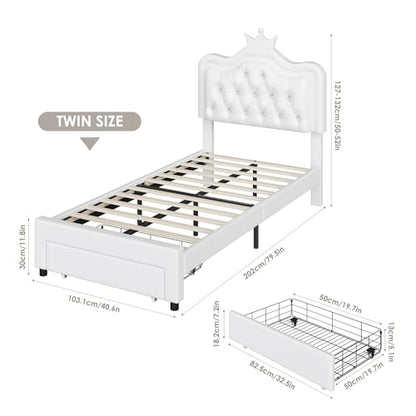 Keyluv Twin Upholstered LED Storage Bed Frame with Adjustable Crystal Crown Headboard in White - WoodArtSupply