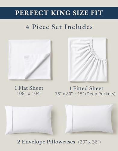 LANE LINEN 100% Organic Cotton King Size Sheets Set, Soft & Comfy All Season Breathable Sheets King Size, Percale Weave Fully Elasticized Eco Friendly Naturally Cooling King White Bed Sheets LANE LINEN