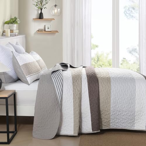 Dinjoy Boho Quilt Set Full Size,3 Pieces Grey Striped Bedspreads,Soft Microfiber Quilted Quilts Bedding Set with 2 Pillow Shams Lightweight Coverlet 78"x90" for Summer Fall Bed Dinjoy