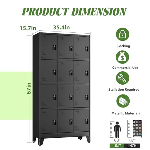 erosoei Metal Lockers for Employees, 12 Doors Metal Storage Locker with Card Slot and Ventilation Holes, Steel Employee lockers for Home Office School Gym Garage, Requires Installation erosoei