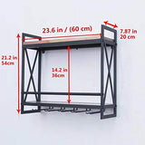 MBQQ Rustic Wall Mounted Wine Racks with 6 Stem Glass Holder,23.6in Industrial Metal Hanging Wine Rack,2-Tiers Wood Shelf Floating Shelves,Home Room Living Room Kitchen Decor Display Rack MBQQ