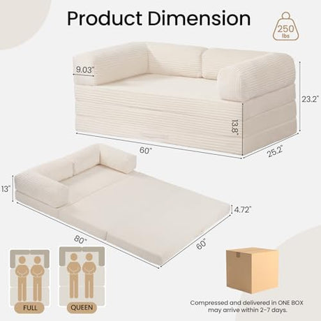 Tri-Folding Mattress Queen Futon Sofa Bed, Convertible Tri Fold Mattress Foldable with Removable Armrests & Washable Cover, 5-Inch Floor Mattress with High-Density Foam, Small Couch Bed, Beige Erament